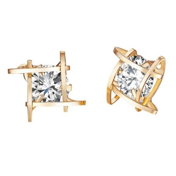 *NEW Gold 3D Solitaire Caged Diamond Stud Earrings - Picture 8 of 8
